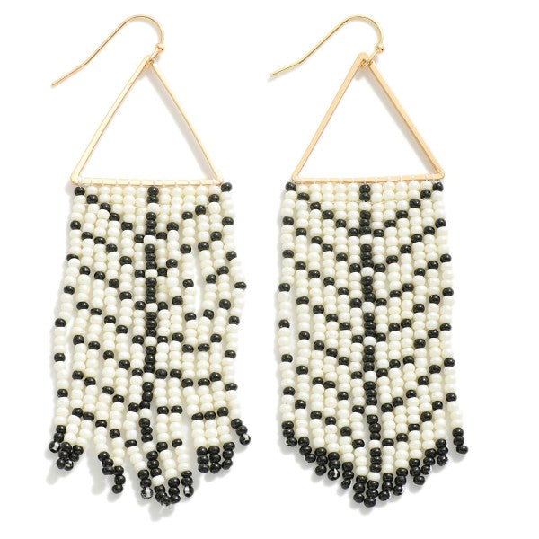 Gold Tone Triangle Drop Earring With Beaded Tassel Details