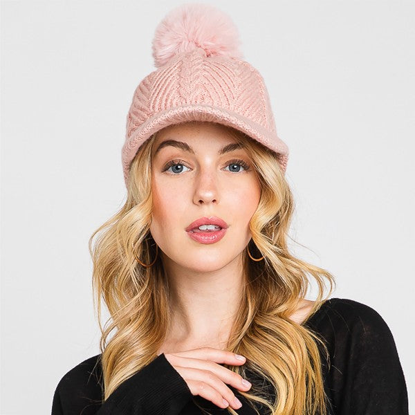 Knit Brimmed Beanie With Pom