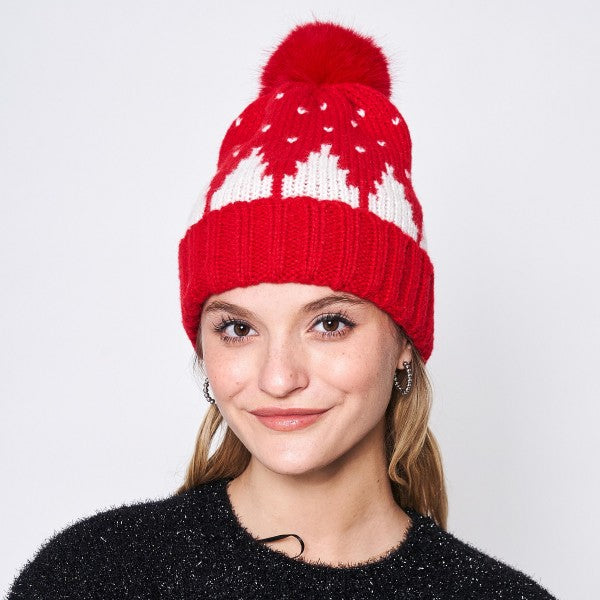 Holiday Knit Beanie With Faux Fur Pom