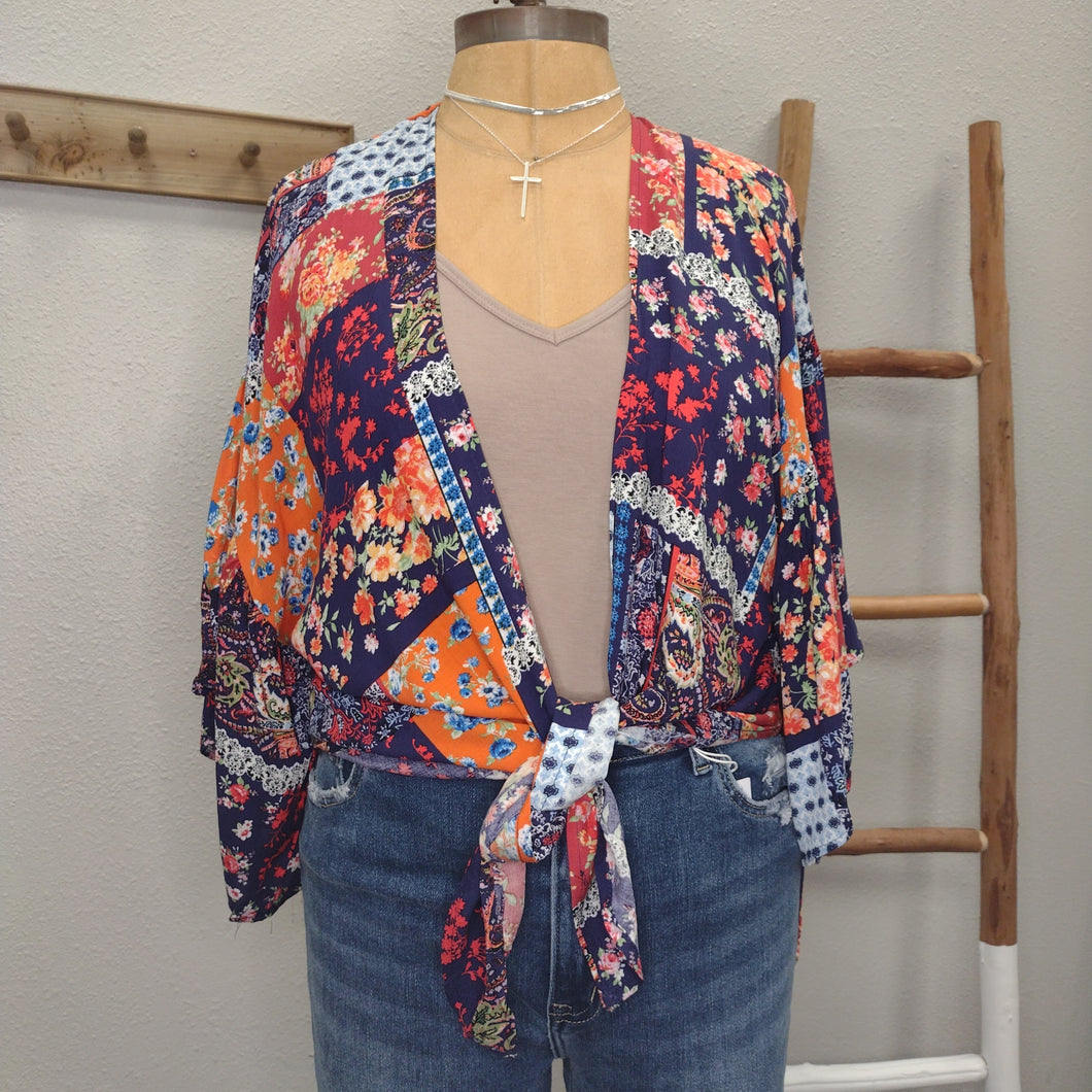 Patchwork Floral Bell Sleeve Kimono