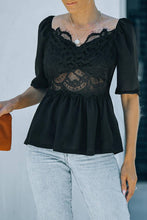 Load image into Gallery viewer, Lace Cut Out Puff Sleeve Peplum Top
