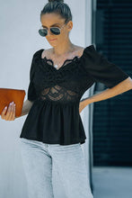 Load image into Gallery viewer, Lace Cut Out Puff Sleeve Peplum Top
