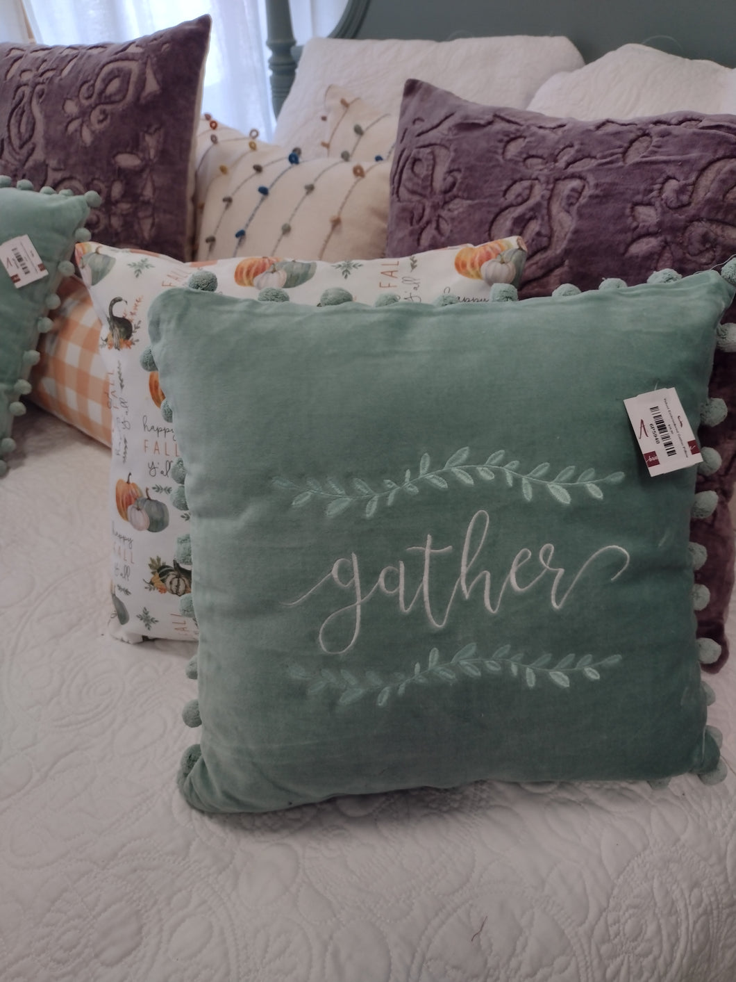 Velvet Embroidered Gather Pillow