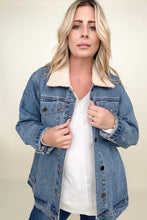 Load image into Gallery viewer, Cotton Bleu Oversized Washed Denim Jacket With Sherpa Collar
