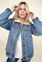 Load image into Gallery viewer, Cotton Bleu Oversized Washed Denim Jacket With Sherpa Collar
