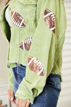 Load image into Gallery viewer, Football Patch Raw Hem Shacket
