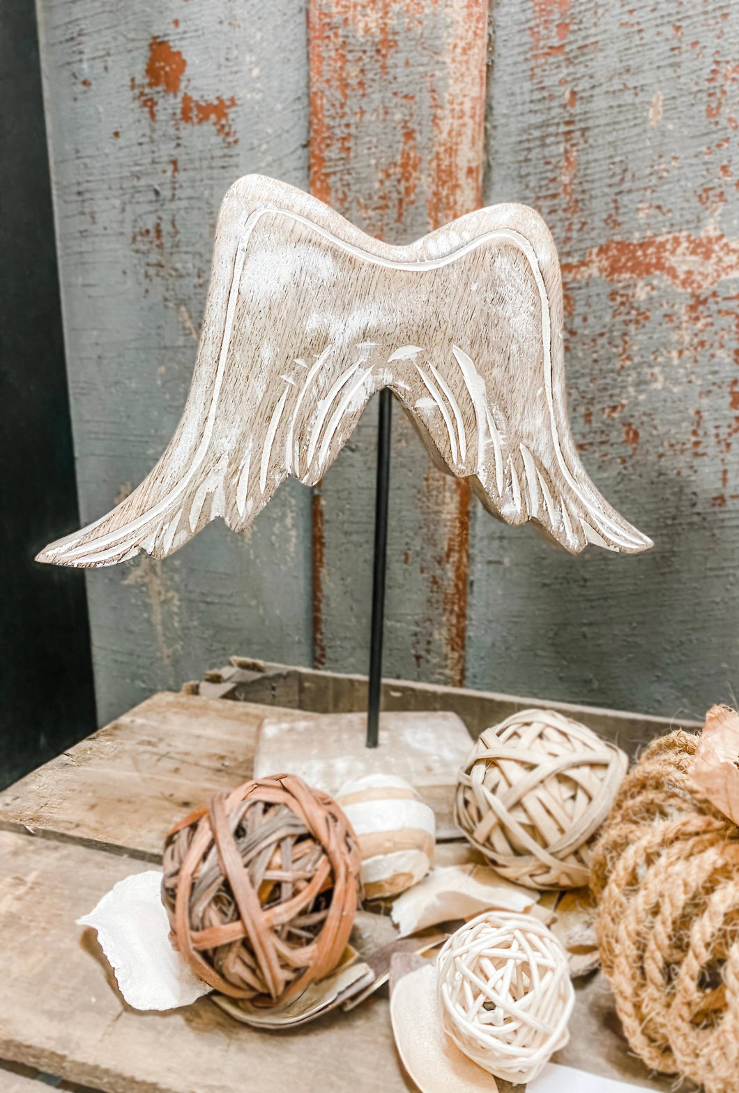 Wooden Washed Angel Wings on Stand