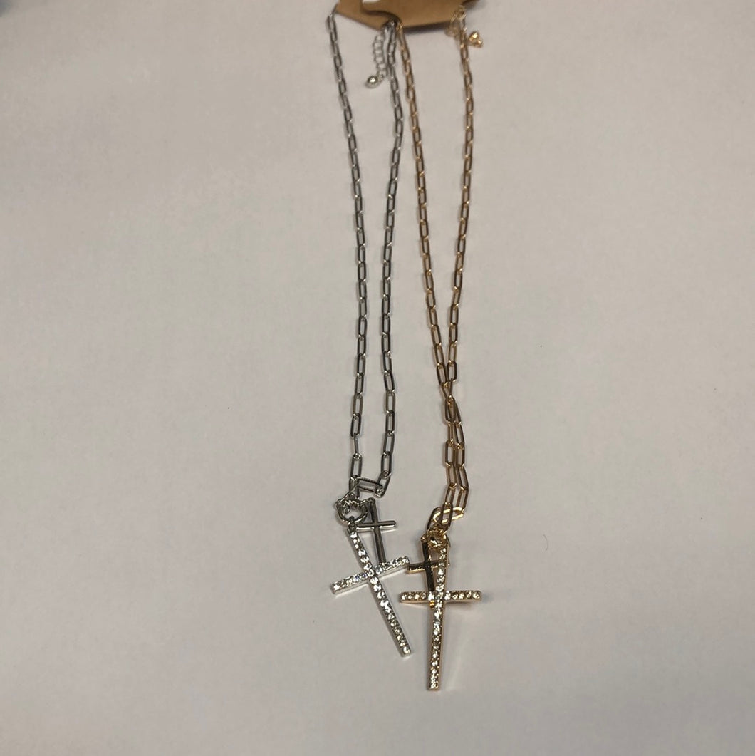 Double Cross Rhinestone Chain Necklace